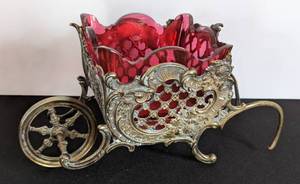 lot 36 image: Antique Victorian Silver Plated Carriage with Cranberry Glass Insert