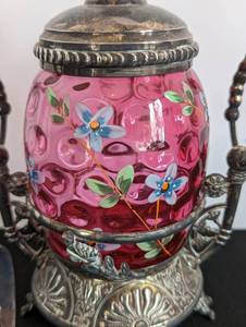 lot 37 image: Antique Vintage Meriden Hand Painted Thumbprint Cranberry Glass Pickle Castor