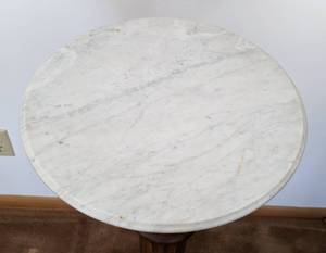 lot 38 image: Vintage Marble Topped Claw Foot Wood Pedestal Plant Stand