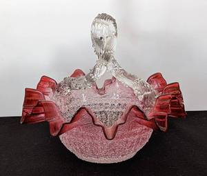 lot 242 image: Antique Victorian Overshot Cranberry Glass Basket with Thorn Handle