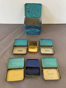 lot 28 image: 7 vintage tins  Edgeworth Pipe Tobacco, M&R Licorice Wafers, Robert Pierces Tansy, Cotton Root, Pennyroyal & Apiol Tablets