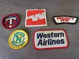 lot 34 image: 5 vintage sew-on patches  Northstars, Twins, Western Airlines, Midget