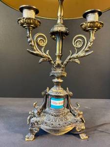 lot 64 image: brass lamp with 3 candlesticks & porcelain inset by Westwood Industries, NYC - works