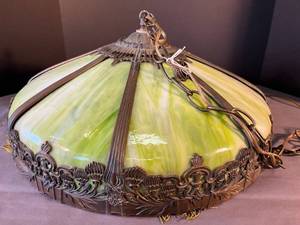 lot 65 image: VictorianTiffany-style gold-fringed hanging lamp