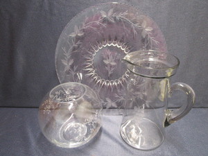 Etched Glass Platter, Pitcher & Bowl