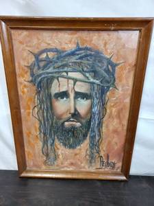 lot 27 image: Framed Painted Canvas Jasus By Redboye