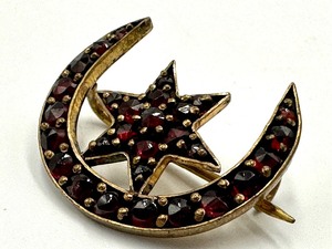 Antique Garnet Moon and Stars Bohemian Brooch - Pin