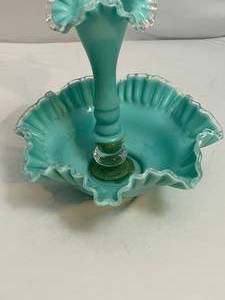 lot 53 image: Vintage Aqua Blue Milkglass Hobnail Bowl with Candlestick Holder