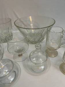 lot 56 image: Etched Glass Mugs, Serving Bowl Set, and More