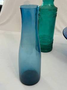 lot 57 image: Vintage Blue and Turquoise Glass Bottles and Serving Bowl