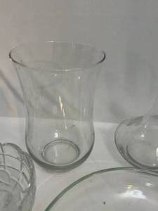 lot 62 image: Clear Serving Platter, Glass Vases, Etched Jar & Bowl