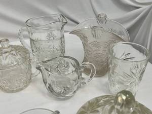 lot 66 image: Cut Glass Patterned Dish Set Mugs, Relish Dishes, Serving & Candy Bowls, and More