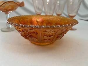 lot 67 image: Marigold Carnival Glass Dish and Serving Bowl with Glasses