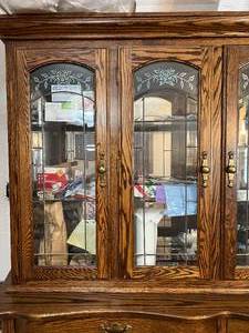 lot 76 image: Golden Oak China Cabinet with Etched Floral Glass Doors See Details for Moving
