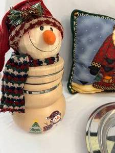 lot 100 image: Christmas Decor Santa Jar, Basket, Pillow, and More
