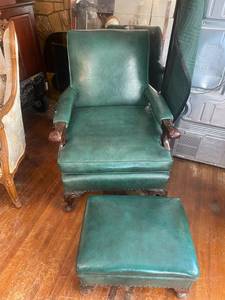 lot 3 image: Antique Green Armchair with Footrest See Details for Moving