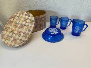 lot 8 image: Vintage Blue Shirley Temple Bowl, Glass, & Pitcher Set with Quilted Box