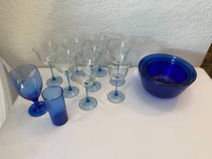 lot 9 image: Blue Stem Wine Glasses, Glass Serving Bowls, and More