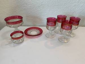 lot 10 image: Red Cut Glass Set, Candy Dish, and Teacup & Saucer