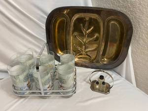 lot 13 image: Gracey Knight Glass Set with Caddy, Silver-Colored Sectioned Platter, and More