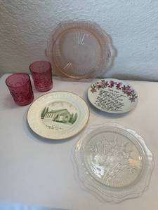 lot 27 image: Pink Low Ball Glasses, Pink Depression Platter and More