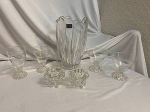 lot 28 image: Mikasa Cut Glass Vase, Candle Holders, and More