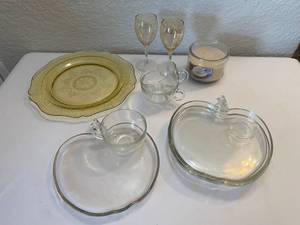 lot 29 image: Apple Glass Snack Trays with Teacups, Yellow Glass Plater and More