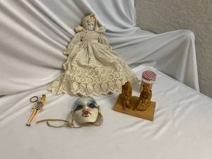 lot 34 image: Vintage Porcelain Doll, Barbie Keychain, and More