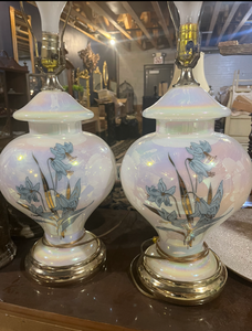 lot 36 image: Mid Century Pair of White Floral Iridescent Lamps