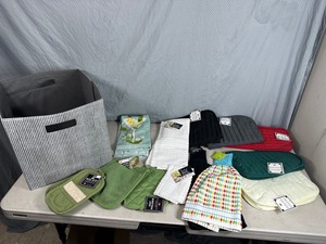 lot 250 image: New Bin with Kitchen Towels, Appliance Covers, Etc