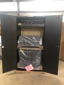 Husky  3-Piece Extra Wide Heavy Duty Welded Steel Garage Storage System in Black (74 in. W x 82 in. H x 24 in. D)  Customer returns Review all pictures