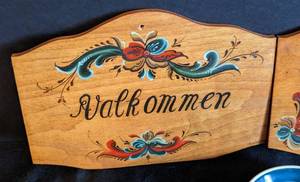 lot 102 image: Pair of Norwegian Wood Signs and Small Dish