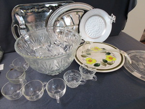 lot 178 image: Punch Bowl, Trays, Cake Plate