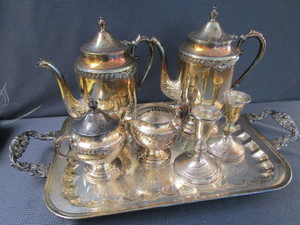 lot 179 image: Coffee Service, Sterling Candlestands