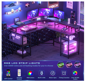 lot 25 image: Aheaplus Grey Oak L Shaped Corner Gaming Desk With Power Outlets, Monitor Stand, Storage Shelves and LED Lights