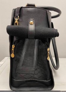 lot 45 image: Black Faux Leather Pet Carrying Purse with Handles & Detachable Strap, Roll up Side Mesh Window, and Breathable Mesh Top