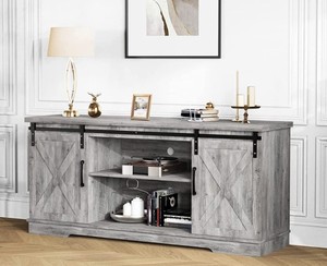 lot 80 image: IDEALHOME 28 Inch Grey Farmhouse TV Stand Entertainment Center with Sliding Barn Doors