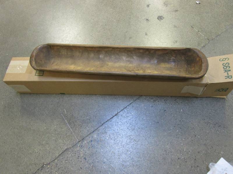 lot 161 image: Decorative Wooden Dough Bowls Decor 30 Inch, Rustic Wood Long Dough Bowl (OPEN BOX)