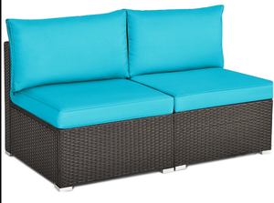 lot 700 image: DREAMO 2 Pieces Outdoor Armless Couch Set with Thick Teal Cushions Weather Resistant Wicker Sofa (OPEN BOX)