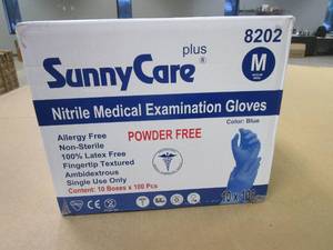 lot 753 image: SunnyCare Plus Nitrile Examination Gloves, Medium, Powder-Free, Blue, 1000Case