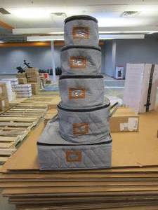 lot 847 image: 5 Pack Fabric Storage Containers with Zippered Lids - 4 Round, 1 Square with Dividers (OUT OF PACKAGING)