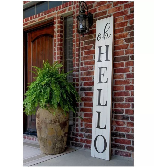 lot 65 image: NEW Members Mark Distressed White 6 Oh Hello Entry-Way Sign