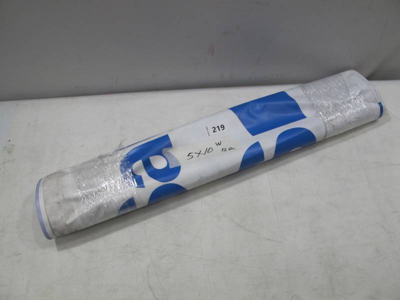 lot 403 image: 5 x 10 13 oz. White Vinyl Tarp w Advertisement and Grommets  Reused Billboard  13 mil Heavy Duty - A Grade