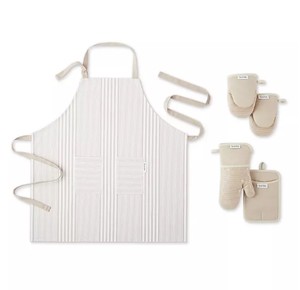 lot 456 image: NEW Sur La Table 5-Pc. Kitchen Textile Set - Apron, Oven Mitt, Potholder, Mini Mitt - BEIGE