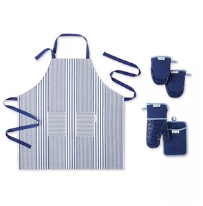 lot 458 image: NEW Sur La Table 5-Pc. Kitchen Textile Set - Apron, Oven Mitt, Potholder, Mini Mitt - NAVY