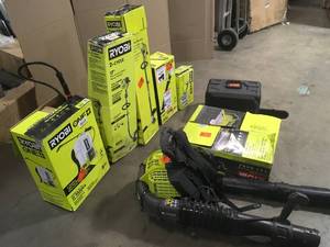 Lot of assorted Ryobi Outdoor Lawn Tools, Trimmers, Blowers, various models and conditions Customer returns Review all pictures