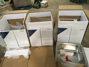 lot 27 image: Glacier Bay  All-in-One Stainless Steel 24 in Laundry Sink with Faucet and Storage Cabinet in White Lot of 3 HAS DAMAGE