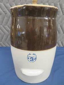 lot 9 image: ANTIQUE WATT BUTTER CHURN WITH PLUNGER AND LID
