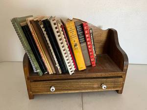 lot 30 image: Cookbooks on Wood Holder with Drawer