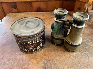 lot 497 image: Vintage Binoculars & Empress Coffee Can